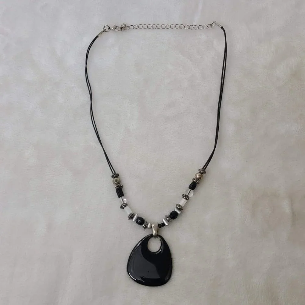 Beaded Black Pendant Statement Necklace  Adjustable Chain Silver-Tone Accents - Picture 2 of 11